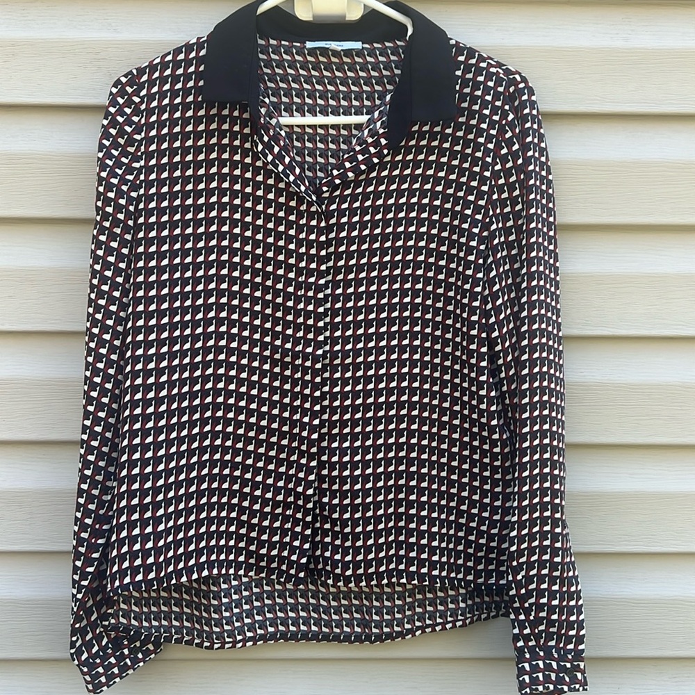 Suncoo Landry Button Down Blouse Geometric Abstract Print Top Navy Red T1 Small